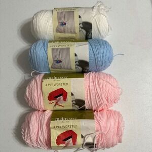 Mainstays 4 Ply Worsted Yarn 100% Acrylic Pastel Bundle White Blue Pink 4 Skeins